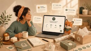 Small product business owner using AI to create product descriptions, captions, emails, and marketing ideas.