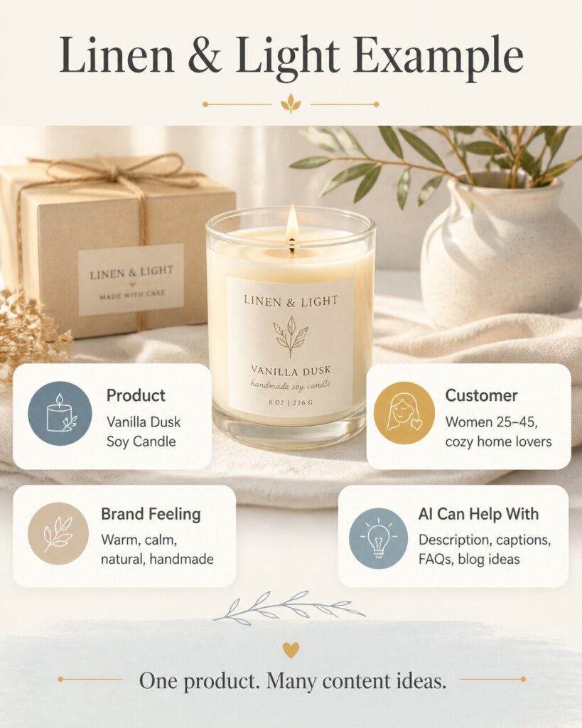 Linen and Light candle brand example showing product details, target customer, brand feeling, and AI content ideas.