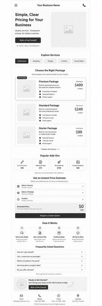 one page interactive pricing website wireframe design