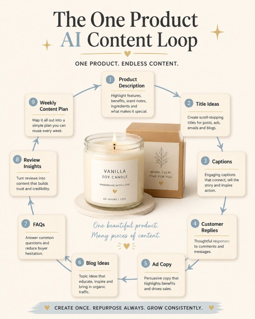 One Product AI Content Loop showing how one product can become descriptions, captions, emails, ads, FAQs, and blog ideas.