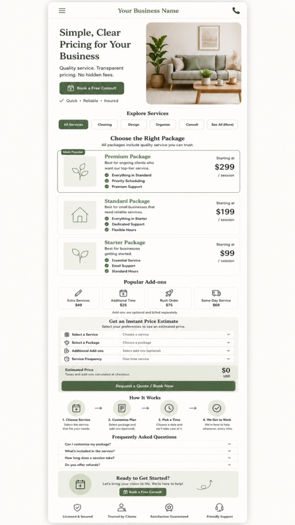 Simple service pricing website for small business