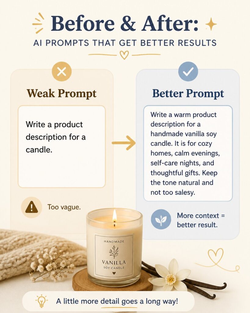 Before and after AI prompt example for writing a better product description.